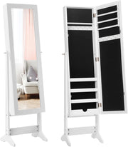 Armadietto Portagioie con Specchio Intero, per orecchini, anelli, collane, cosmetici, Armadio per Gioie da Terra per Camera da Letto, 35 x 30 x 144 cm (BIANCO)