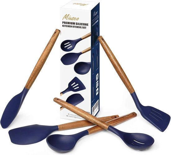 Set di applicazione antiaderente con maniglia in legno di acacia naturale, 5 pezzi, colore blu notte, alta resistenza al calore