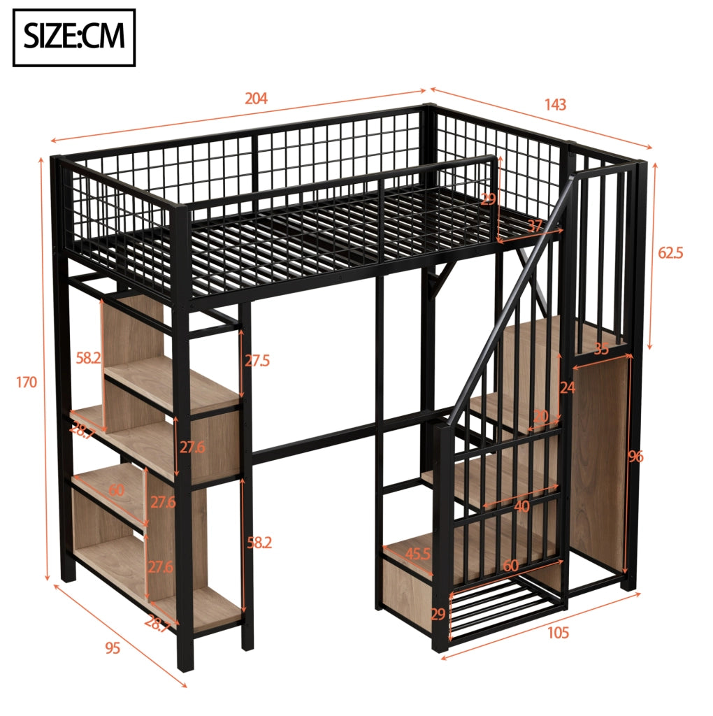 Letto a soppalco 90x200 cm nero con scala contenitore e vani portaoggetti