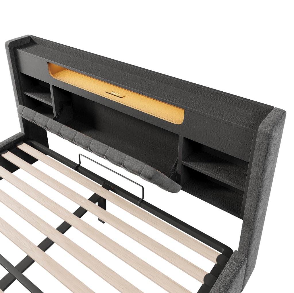 Letto contenitore 140x190 cm con LED, USB e testiera con ripiani