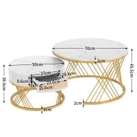 Tavolino Rotondo Marmo 2 in 1 con Gambe in Metallo, Cassetti in Rattan Sintetico e Maniglie in Legno Massello, Bianco