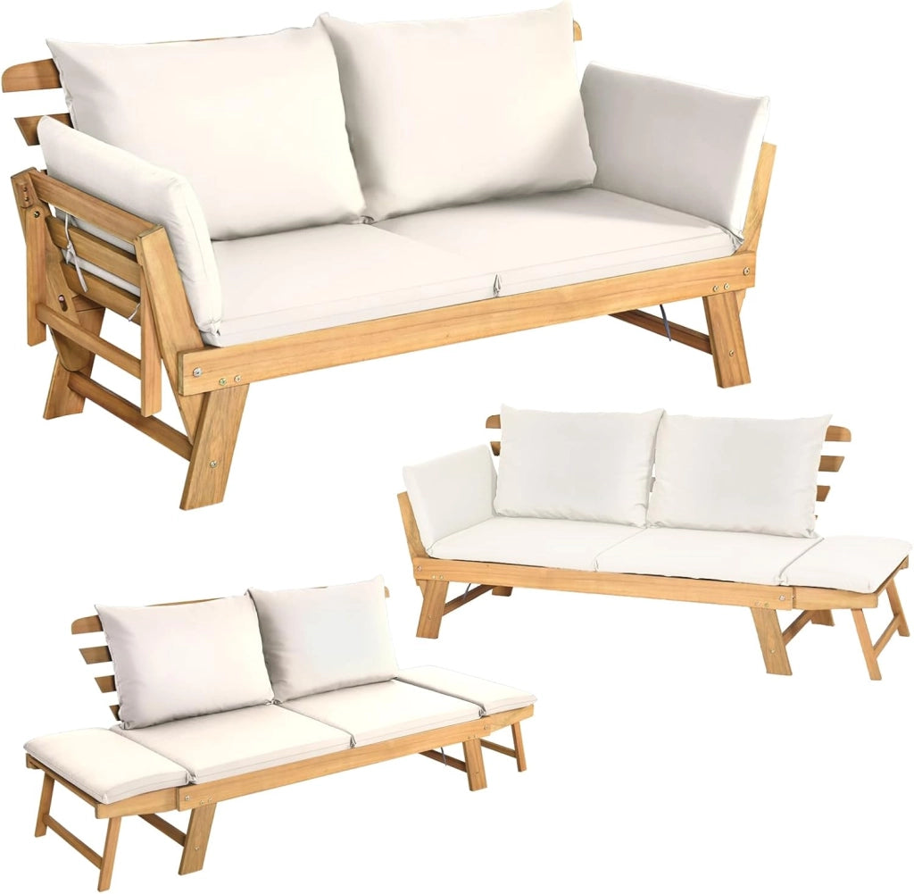3 in 1 Divano convertibile Letto Giardino Esterno, Divano 2-4 Posti in Legno di Acacia con Cuscini di Schienale e Seduta Spessa Rimovibile, Carico 320KG, per Balcone Terrazza, Bianco
