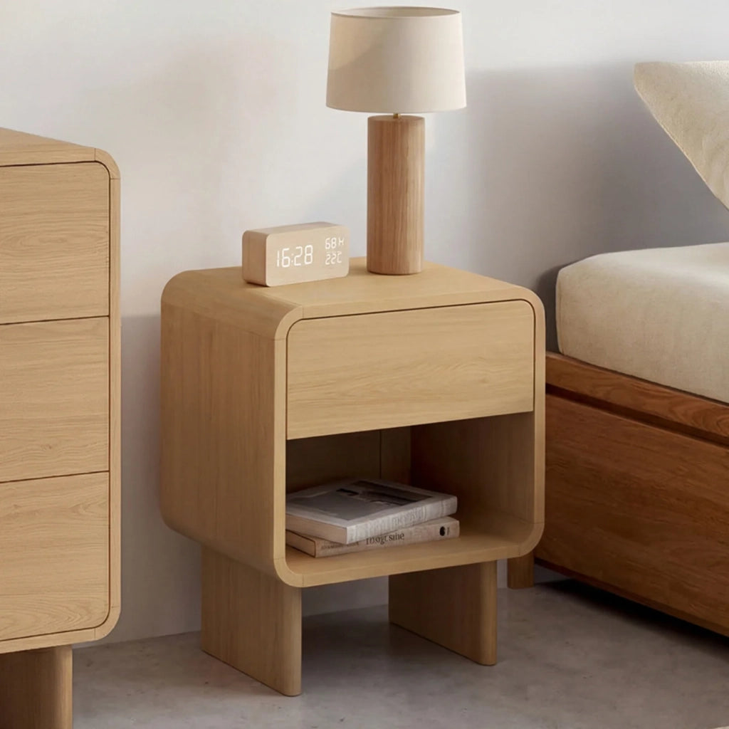 IDMarket - Set di 2 comodini CAPUCINE con 1 cassetto e 1 nicchia, effetto faggio, dal design arrotondato