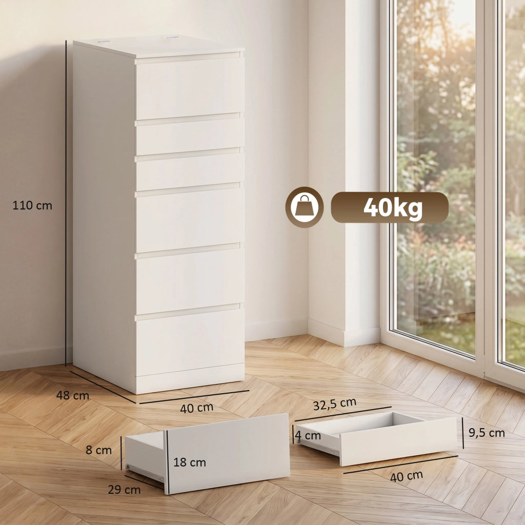 Cassettiera 40x48x110 cm 6 Casetti con Specchio Ribaltabile in MDF Bianco