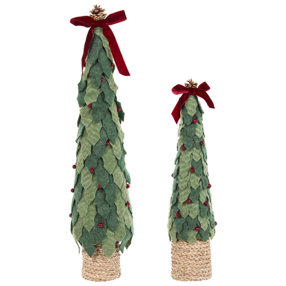 Set di 2 statuette ad albero di Natale verdi in legno di pino fatte a mano, decorazioni natalizie