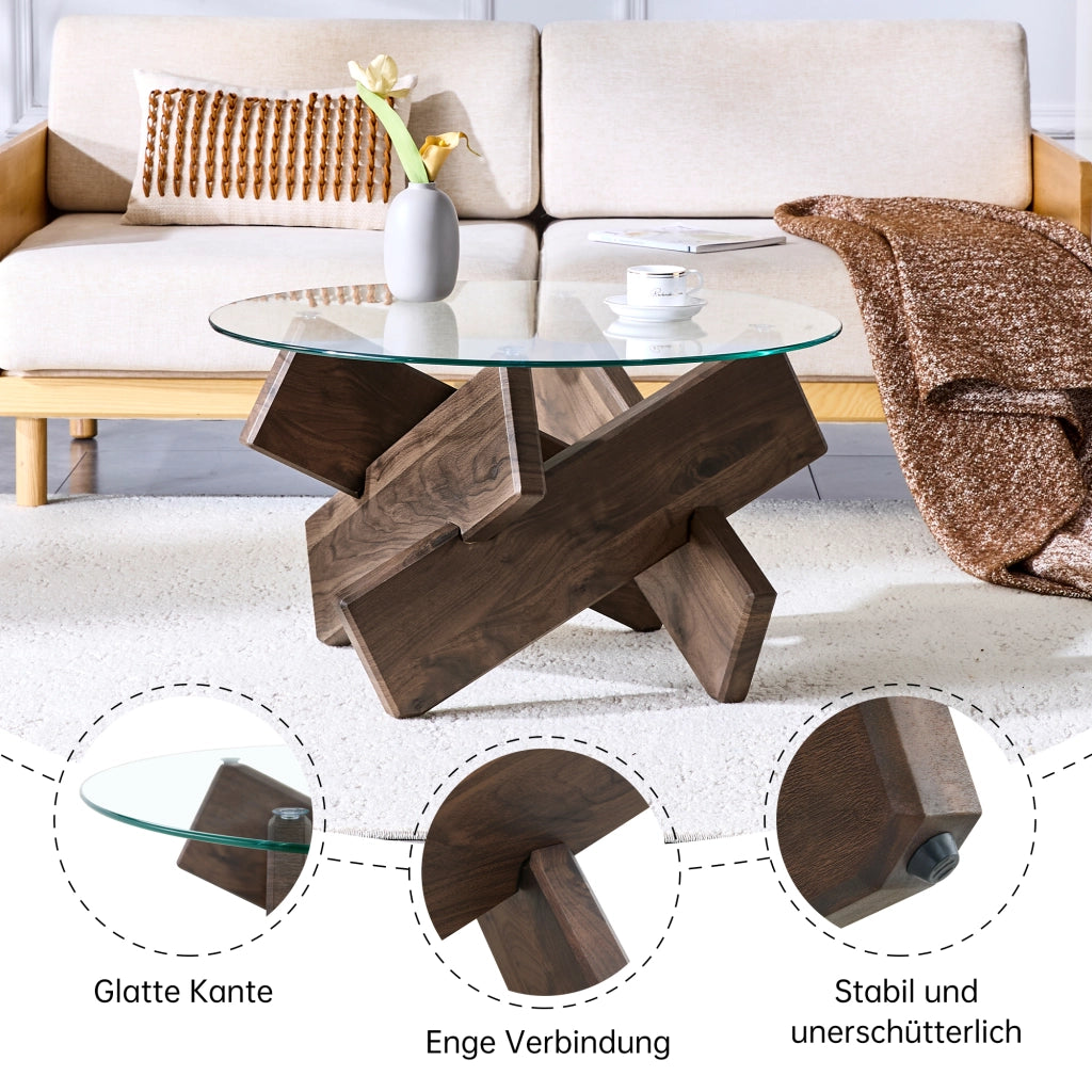 Tavolino da caffè con base a croce e piano in vetro - per soggiorno - 79 cm - trasparente