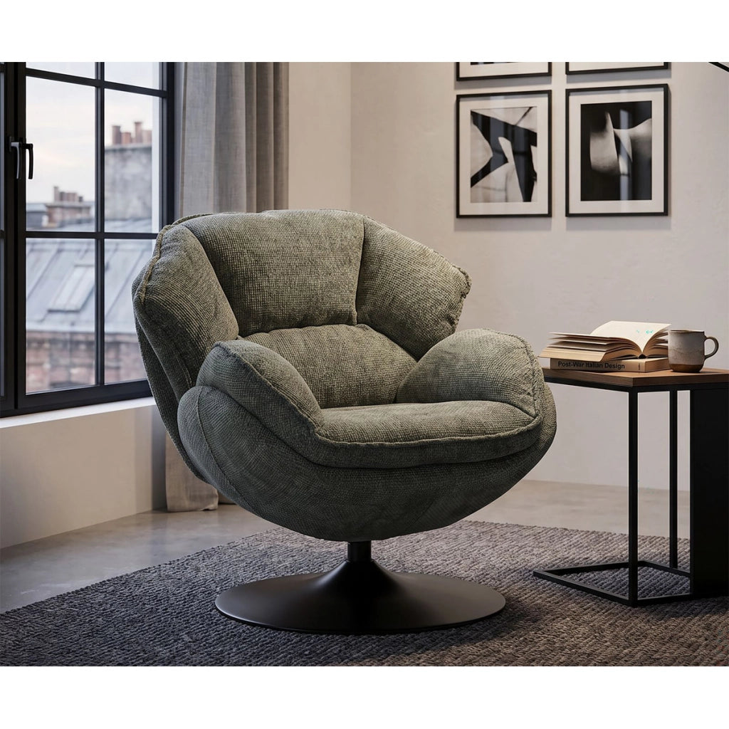 Poltrona girevole in poliestere verde con base in metallo nero