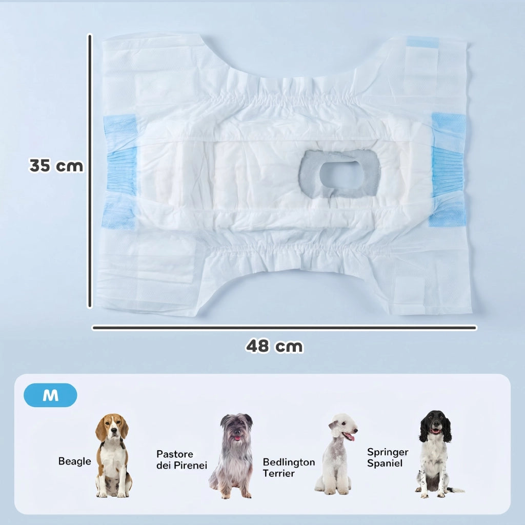 48 pezzi Pannolini per Cani Femmina Taglia M 48x35x1 cm con Fascia Elastica Regolabile Bianco