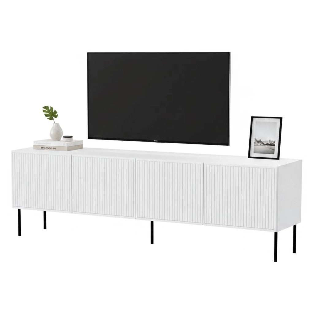 Mobile porta TV Priocca, Madia da salotto con quattro ante battenti, Rialzato da terra, 200x42 h52 cm, Bianco