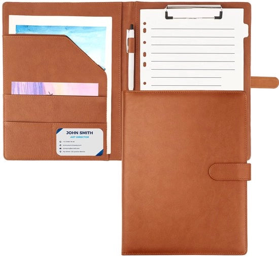 Borsa A4 con copertina, mappa in pelle PU, blocco note con spazio per documenti, contenitore per penne, pen holder, chiusura magnetica, agenda per riunioni per ufficio e scuola (marrone)