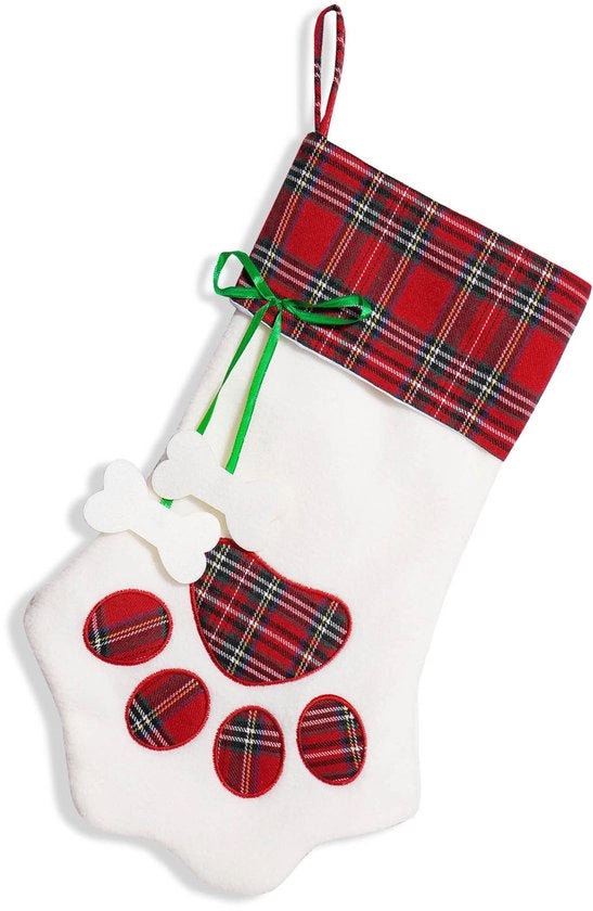 Decorazioni natalizie, calzettoni natalizi, borse di regalo, calzettoni con impronta di zampe di cane, tessuto a pois, calzettoni di gomma rossa