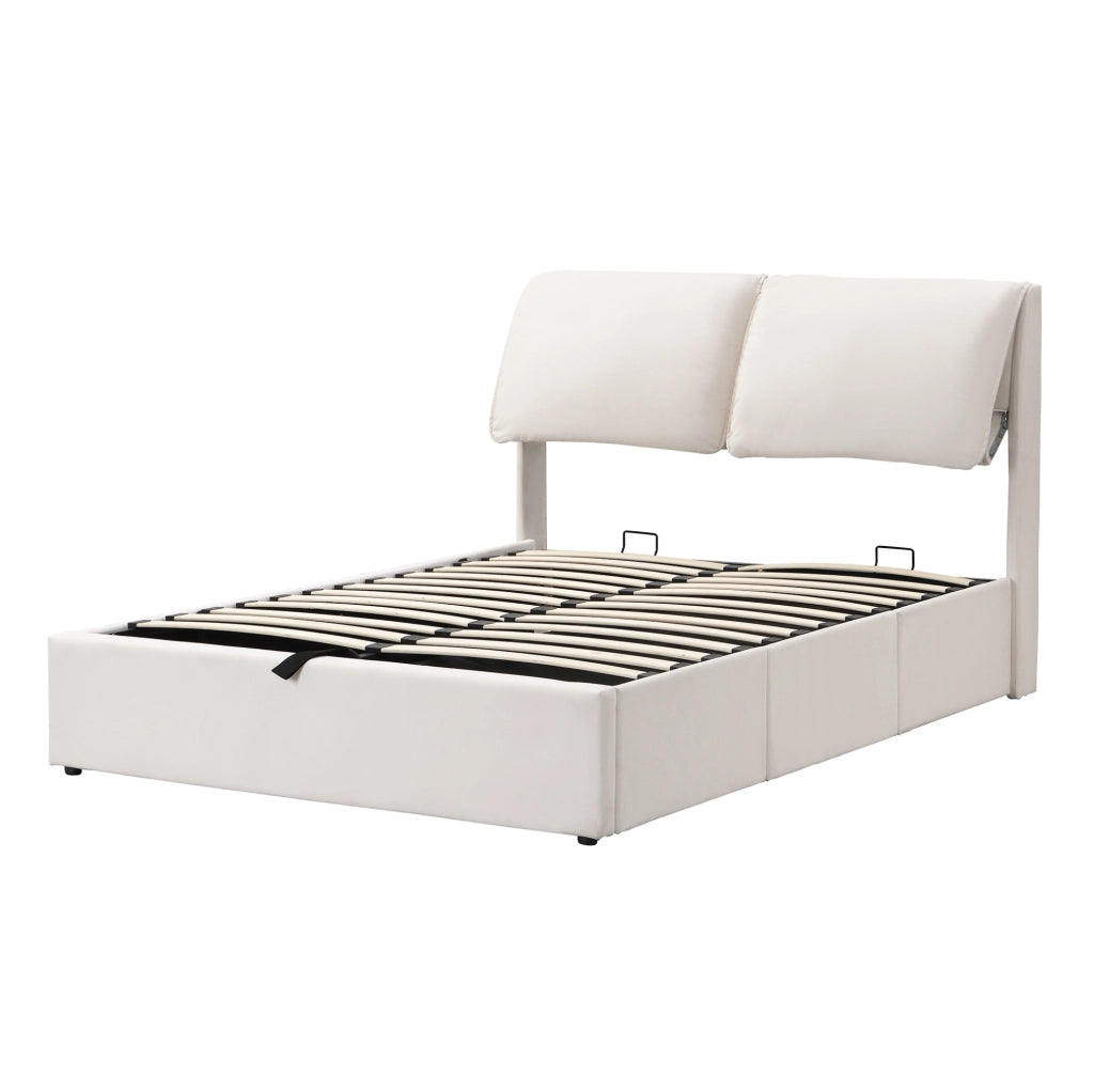 Letto imbottito 140x190 cm beige in velluto con contenitore
