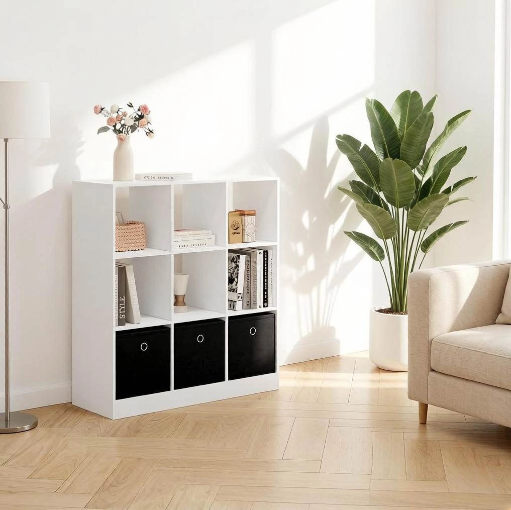 Libreria ULEVR 80x86,5x30 cm con vani a cubo e 3 cassetti in tessuto, bianco e nero