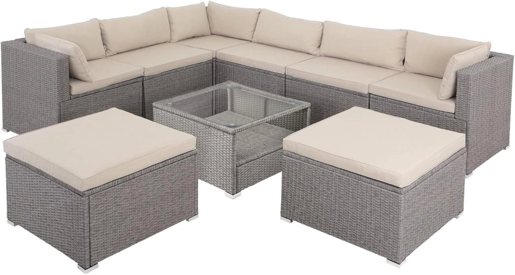 Set Salotto in Polyrattan XL Cuscini Imbottiti Tavolo in Vetro Resistente Mobili da Giardino Salottino Angolo