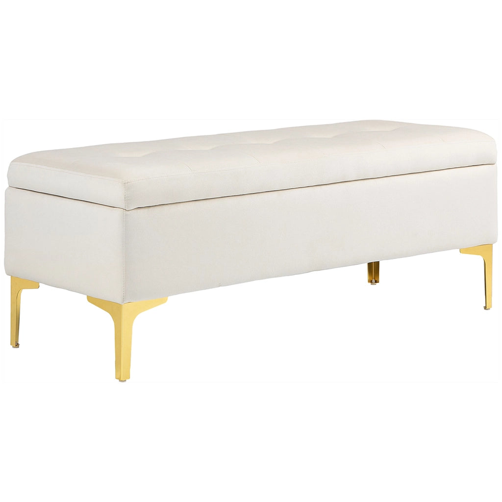 Panca Contenitore Imbottita in Tessuto Effetto Velluto Beige, 120x44x44,5 cm, con Gambe in Metallo