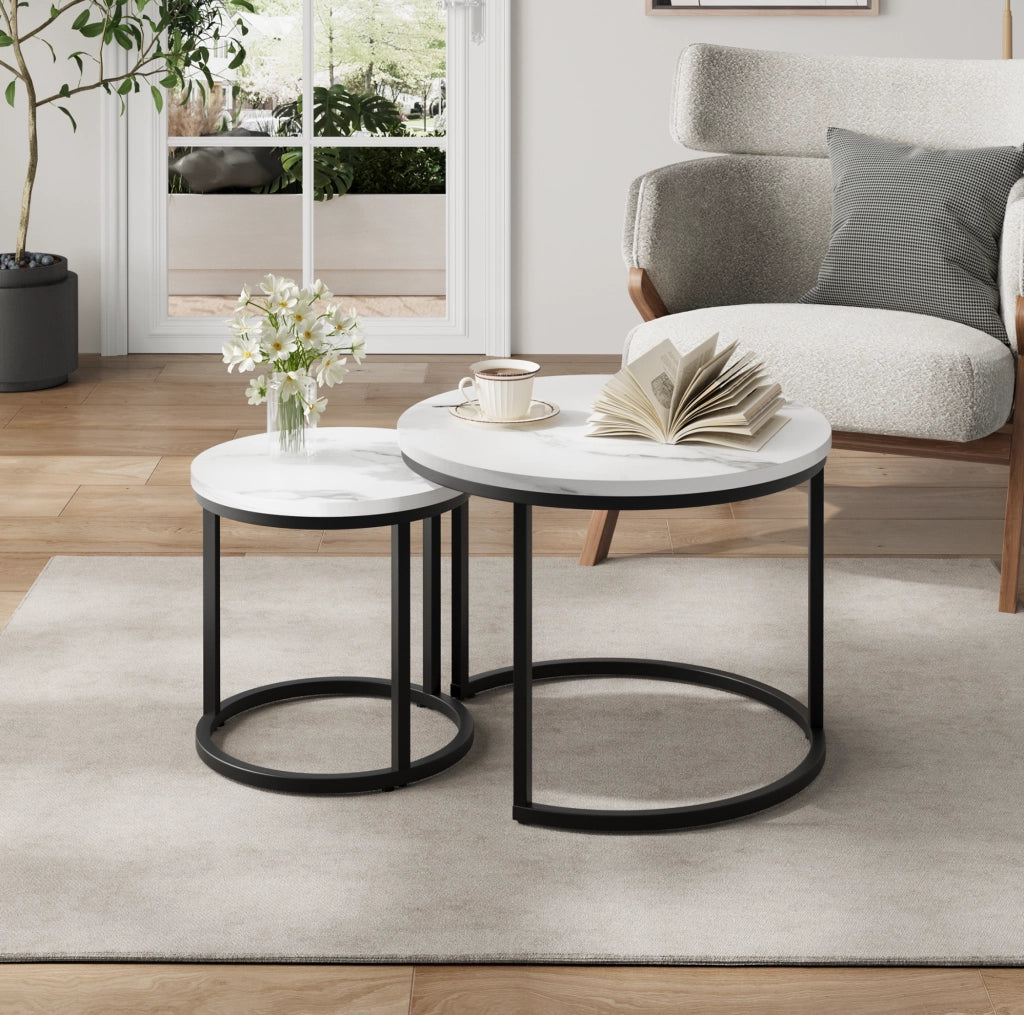 Set di 2 tavolini da caffè rotondi bianchi a incastro 60 cm
