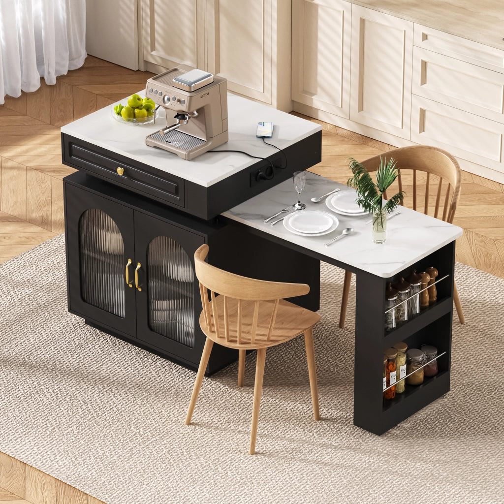 Tavolo da pranzo - isola cucina su ruote - estraibile con LED - bar con prese - nero - anta e sideboard