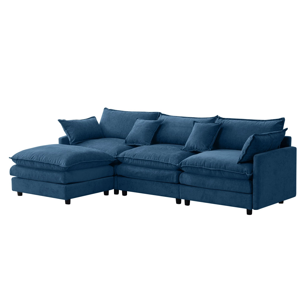 Divano angolare modulare 3 posti con pouf in ciniglia blu sfoderabile