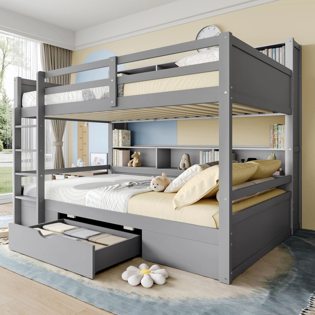 Letto a castello 90x200 cm con cassetto e vani contenitore, grigio