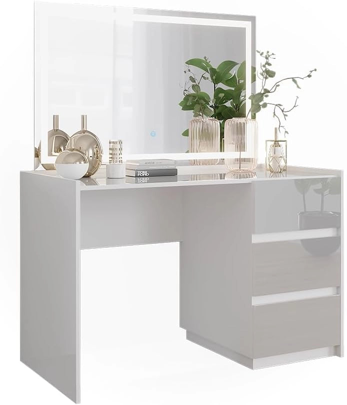 Tavolo da toilette Marla, Bianco lucido, 120 cm con specchio a LED, Ampia superficie del tavolo per trucco, gioielli e accessori per lo styling