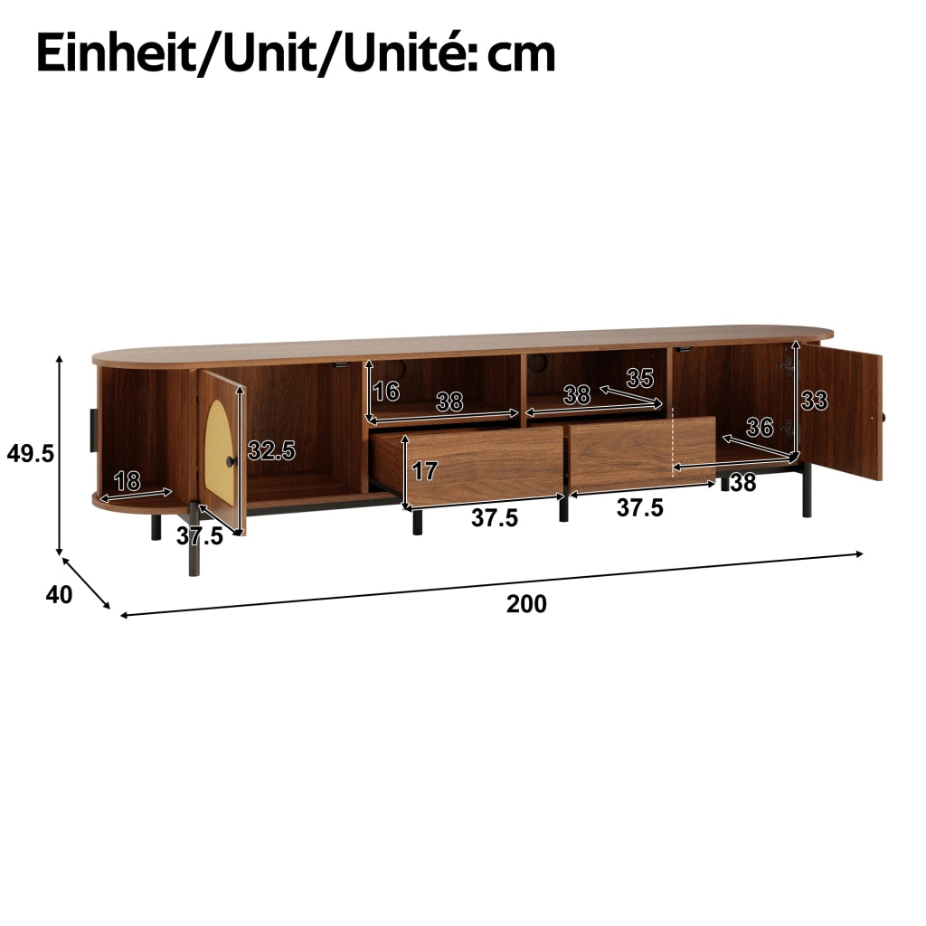 Mobile TV 200x40x49.5 cm con gestione dei cavi in MDF noce