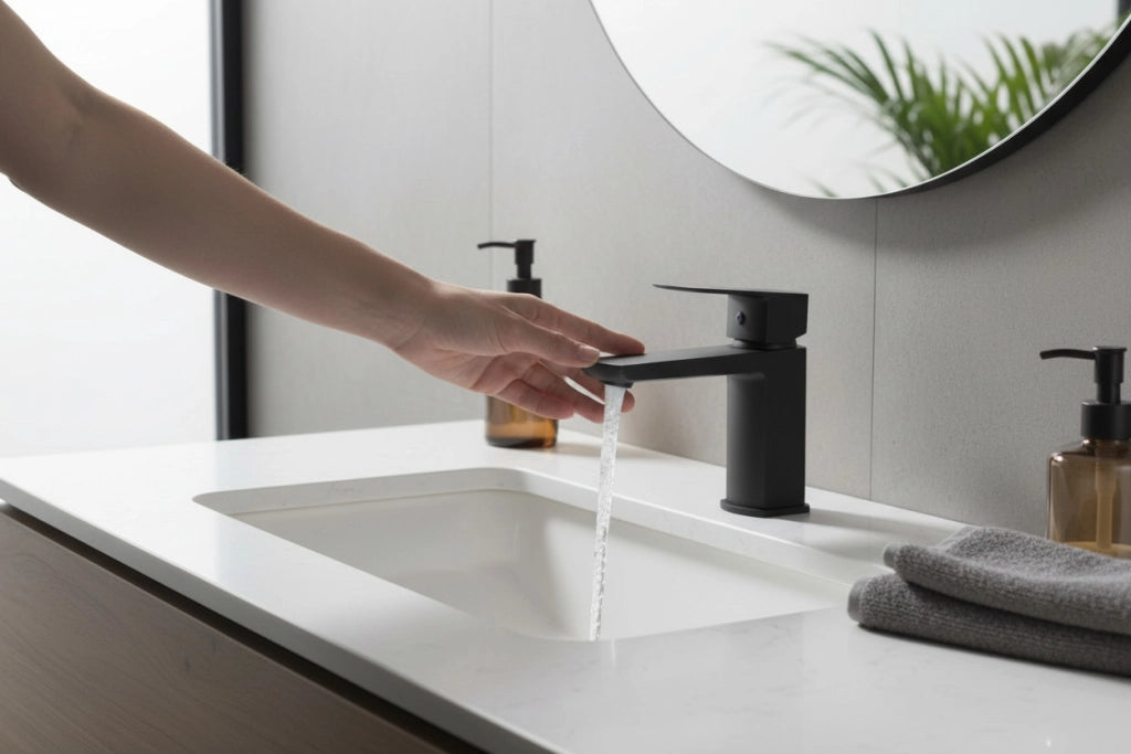Miscelatore Lavabo Design Minimal Nero Opaco con Piletta Click Clack in Ottone 1”1/4 – Cartuccia Ø35 mm