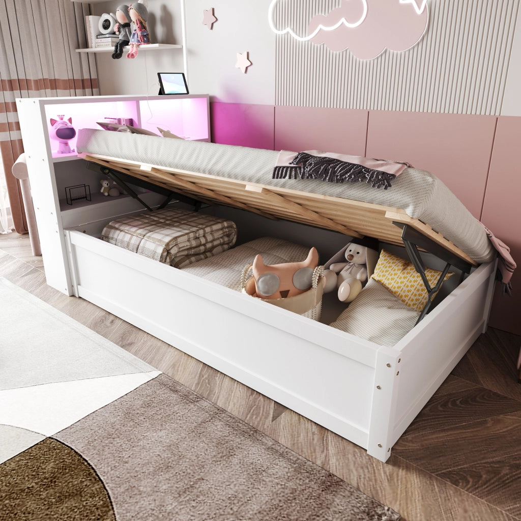 OKWISH Letto a divano 90×200 cm, Letto Singolo con Multipresa, 4 Vani Portaoggetti e LED, senza Materasso, in Legno, Bianco