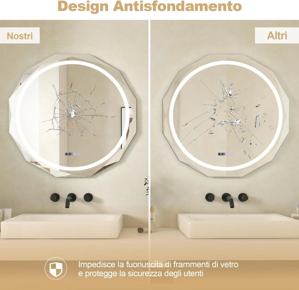 Specchio da Parete 76 x 76cm, Specchio Rotondo con Merletto con Temperatura di 3 Colori Continuamente Regolabili, Resistente agli Urti, Memoria, Lettura di Tempo e Temperatura