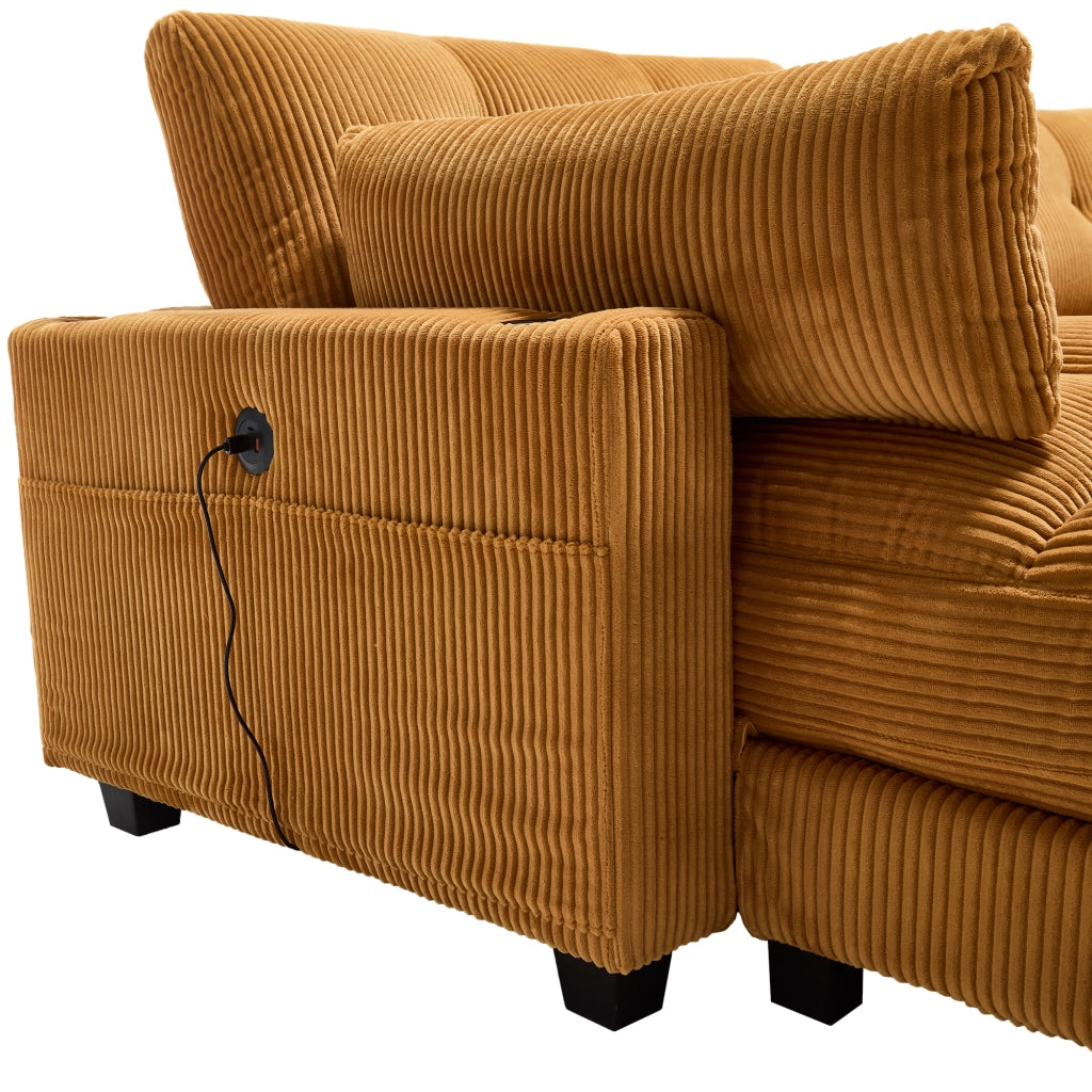 Divano modulare 2 posti in tessuto a coste con 4 portabicchieri 4 tasche laterali e USB giallo senape