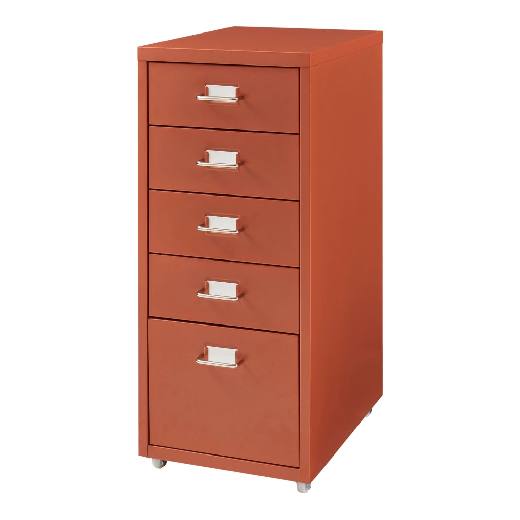 Cassettiera Kökar in Acciaio Mobile Archivio con 5 Cassetti e Rotelle - Rosso Mattone [en.casa]