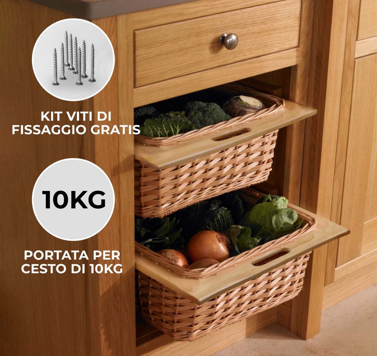 Cestelli Estraibili in Vimini per Cucina Cassetti Organizzazione Credenza Cesto in Vimini con Telaio e Binari in Legno di Faggio per Dispensa da 40cm Organizza Unità 40 cm con Viti GRATIS - 1 Cesto