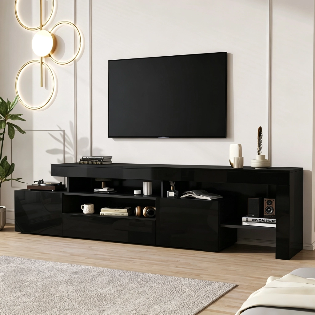 Mobile porta TV con LED, 3 ante e vani aperti, per soggiorno, in pannello truciolare, nero, 192 × 37 × 53 cm