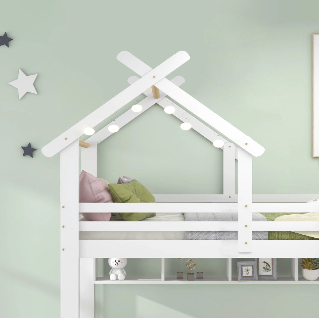 Letto a castello con cassetti e mensole, struttura in legno, bianco 90x200 cm