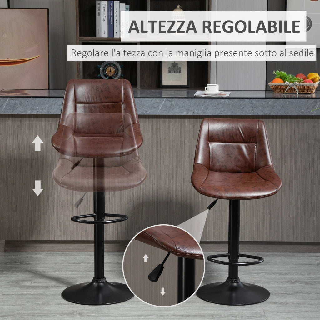 Set 2 Sgabelli da Bar Vintage 46,5x50x88-108 cm Seduta in Finta Pelle Marrone