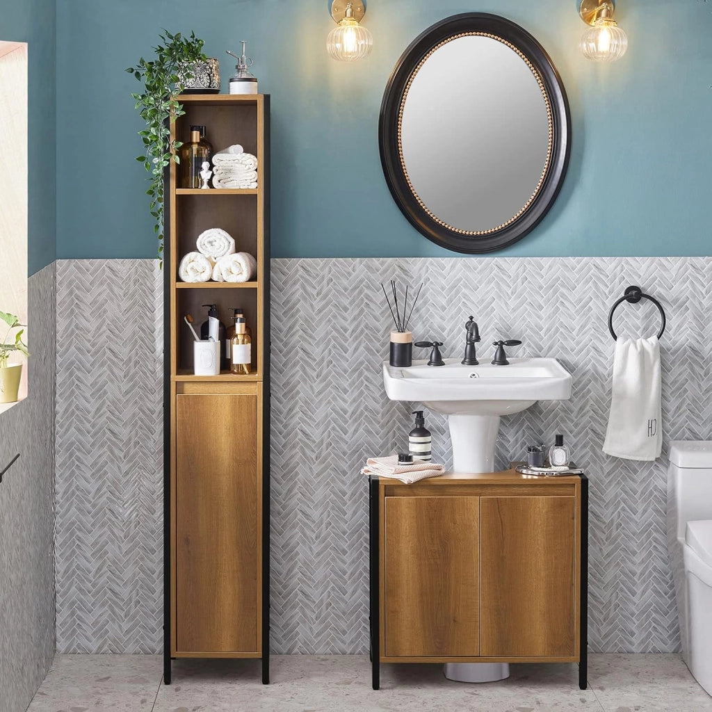 Colonna Bagno Alta e Stretta con 3 Ripiani Aperti e 1 Anta – Mobiletto Salvaspazio Vintage in Metallo e Legno 30x168x28cm BZR62-PF
