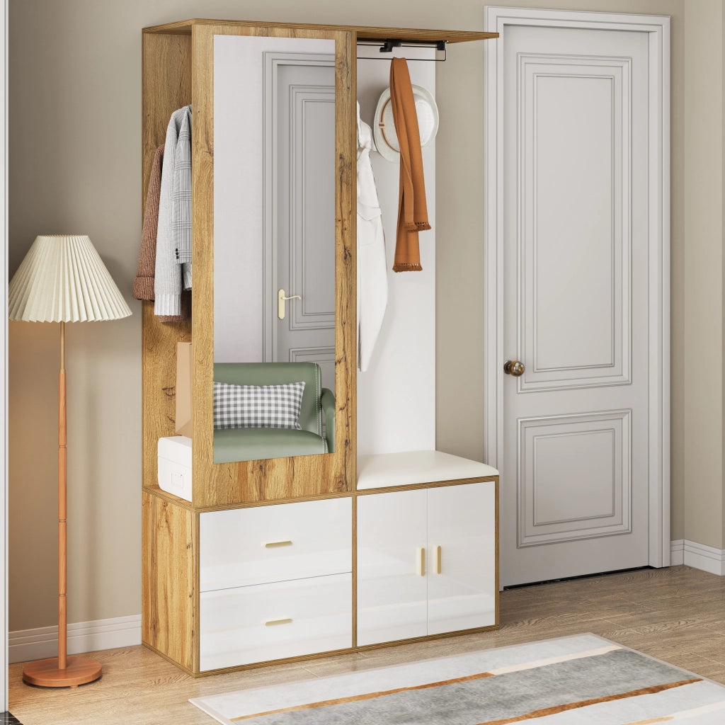 GARDEROBA Ingresso con specchio e panca 100x38x180 cm Bianco/Naturale