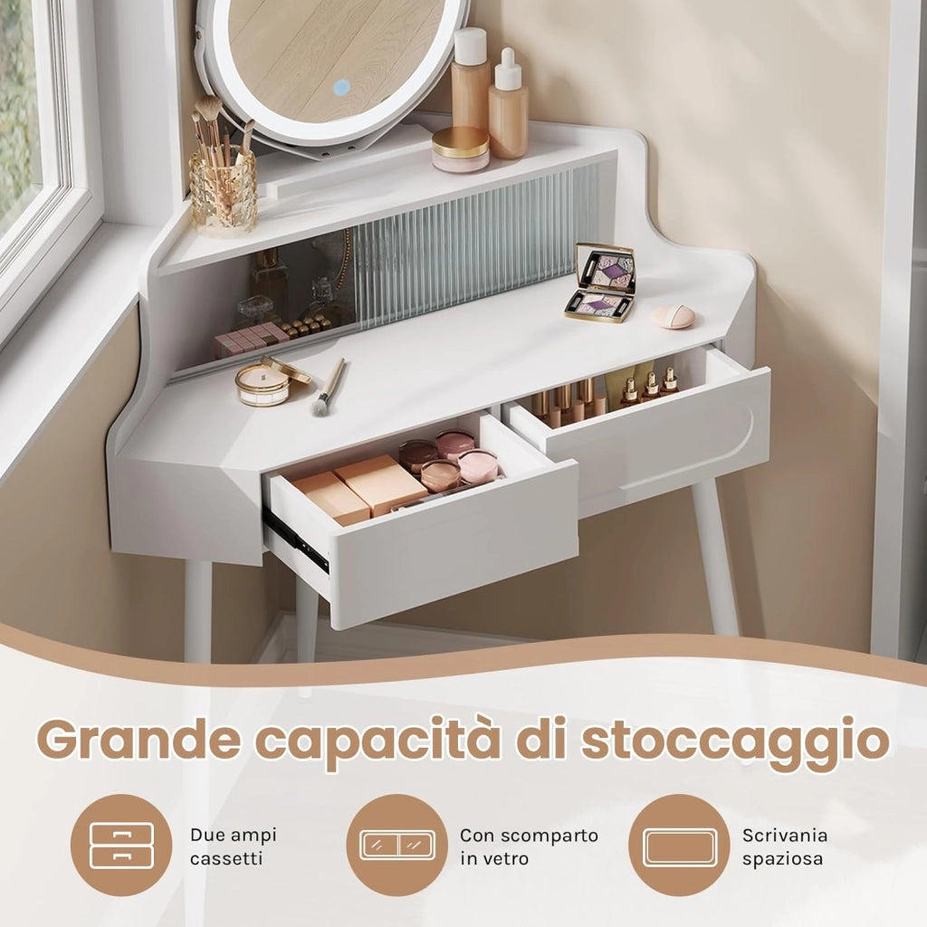 WOLTU Toeletta ad Angolo con Luce, Specchio Dimmerabile, Tavolo da Toilette, 2 Cassetti, 1 Ripiano con Divisorio in Vetro, Tavolino Salvaspazio, Gambe in Metallo, Bianco