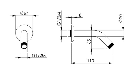 Braccio di sostegno per doccia con inclinazione di 45°, lungo 10 cm