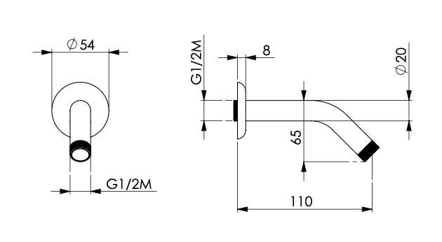 Braccio di sostegno per doccia con inclinazione di 45°, lungo 10 cm