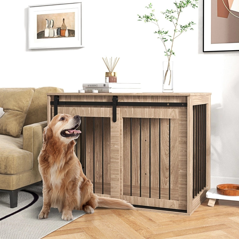Gabbia per cani con piano d’appoggio, effetto legno noce, struttura in acciaio, 98 x 58 x 61 cm