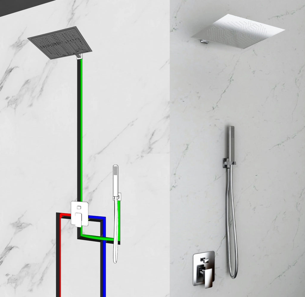 Kit Doccia 2 Vie Soffione Acciaio Inox  Slim 2 mm + Braccio Doccia + Presa Acqua + Flessibile + Doccino Soffione 30x30 cm con Braccio da Parete