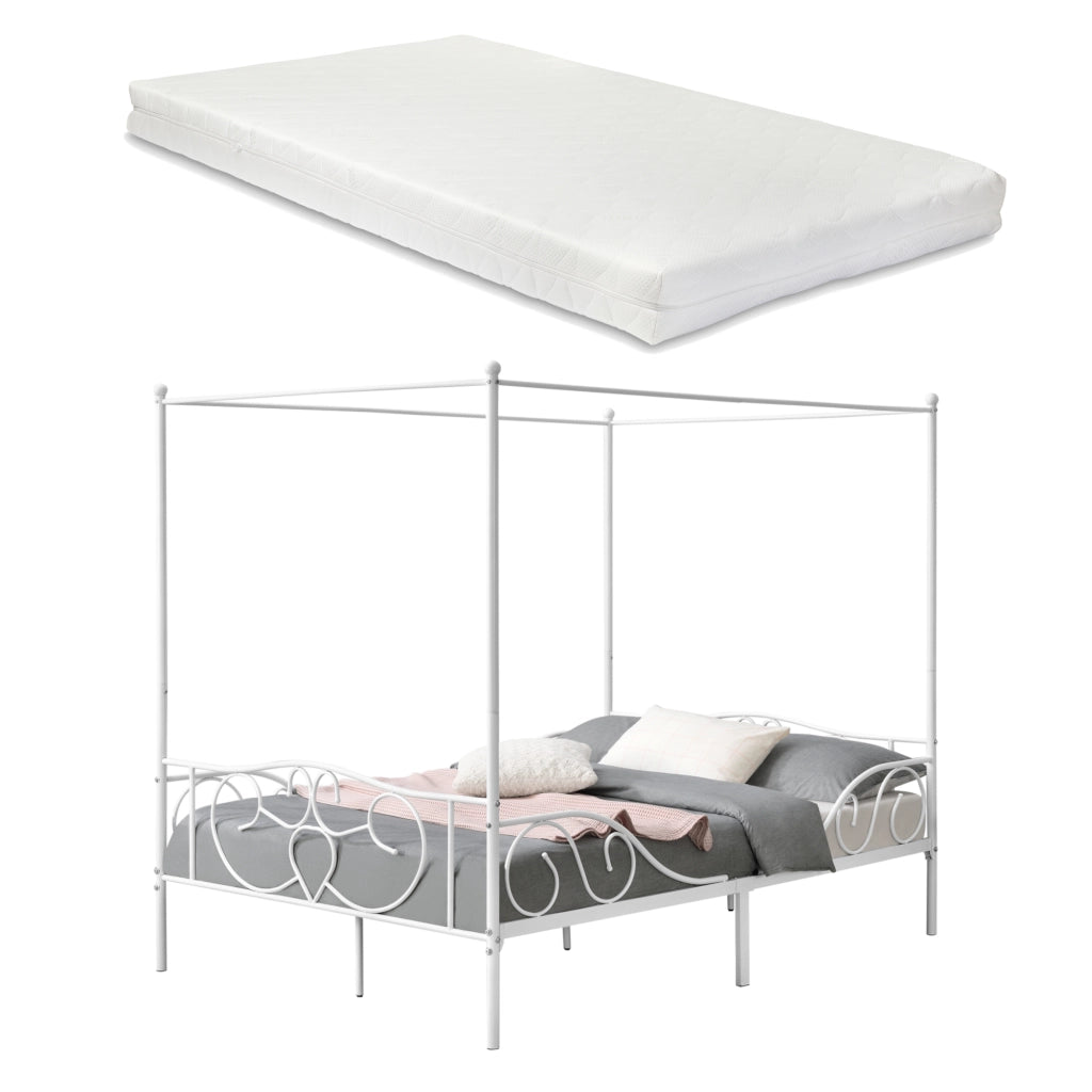 Letto Francese a Baldacchino con Materasso a Schiuma Fredda 140x200 cm Struttura Letto in Acciaio con Elementi Laterali Decorativi in Stile Classico/Romantico - Bianco