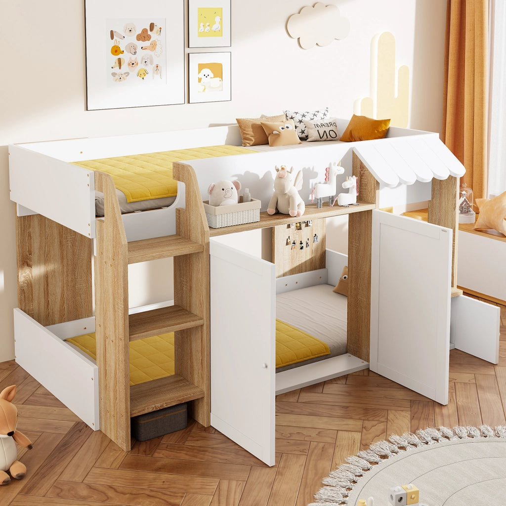 LETTO A CASTELLO 90x200 cm Casa Bianco+Legno con scala e vano inferiore