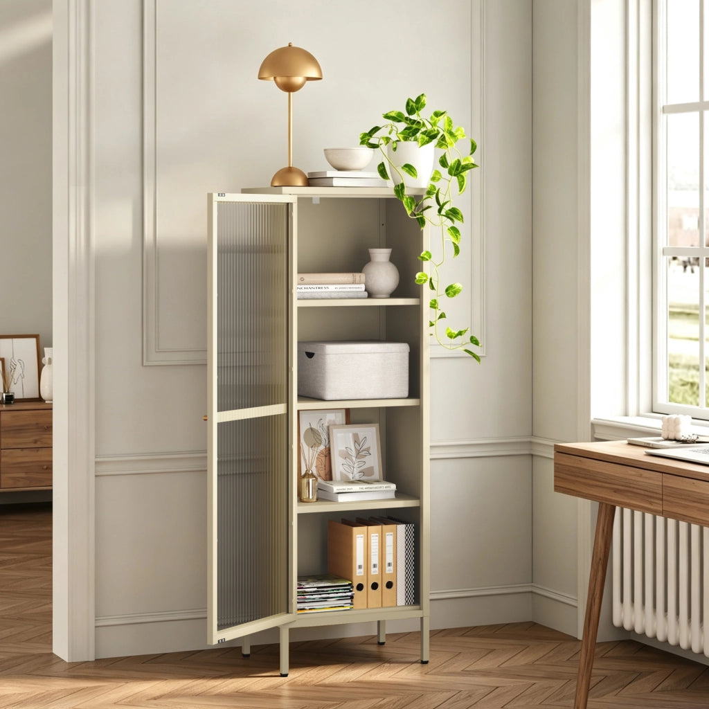Armadio a Vetrata Säkylä con 4 Scomparti 150 x 50 x 35 cm in Acciaio - Color Cammello [en.casa]
