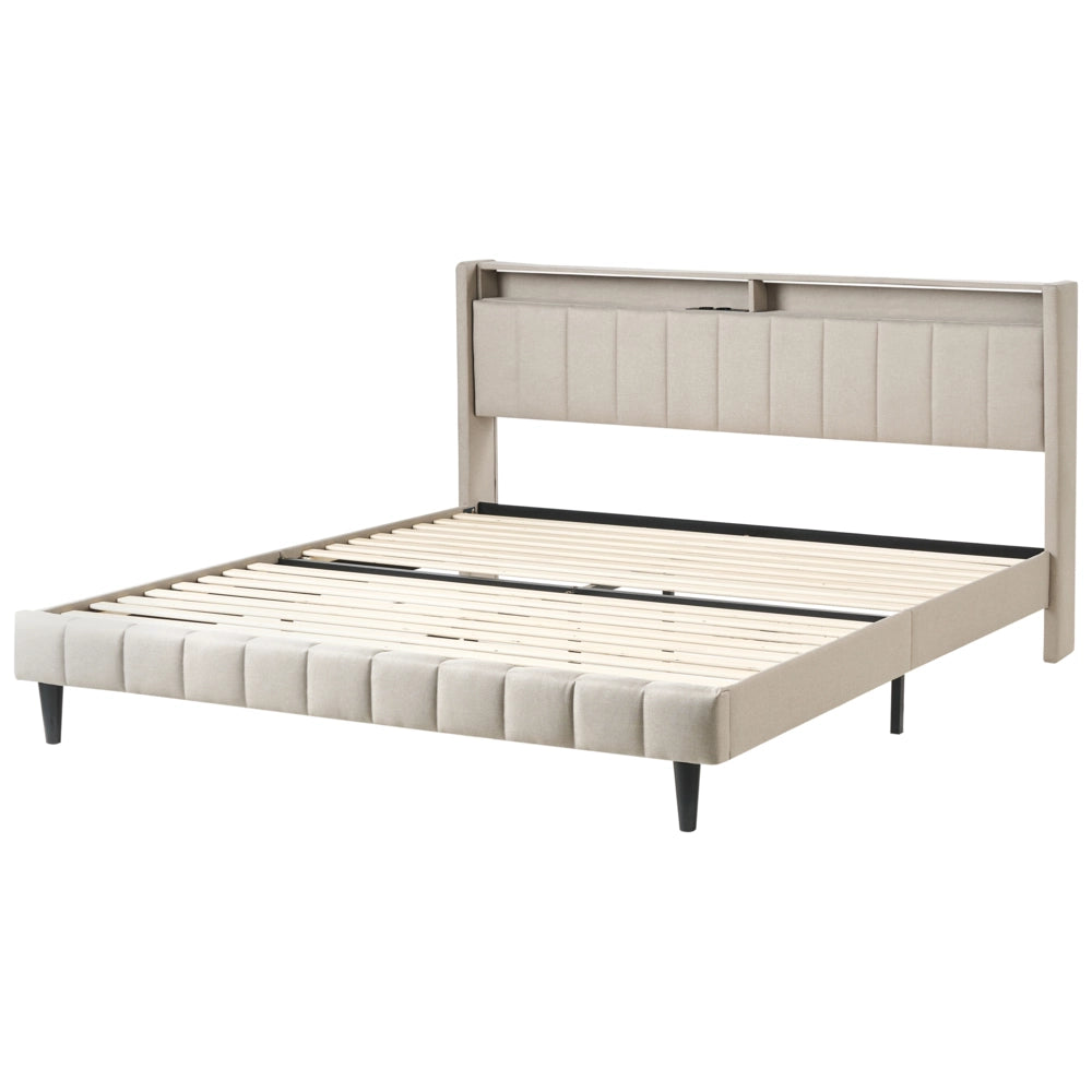 Letto matrimoniale LED Beige Tessuto EU Super King Size 180 x 200 cm Testiera imbottita con porta USB Desing moderno