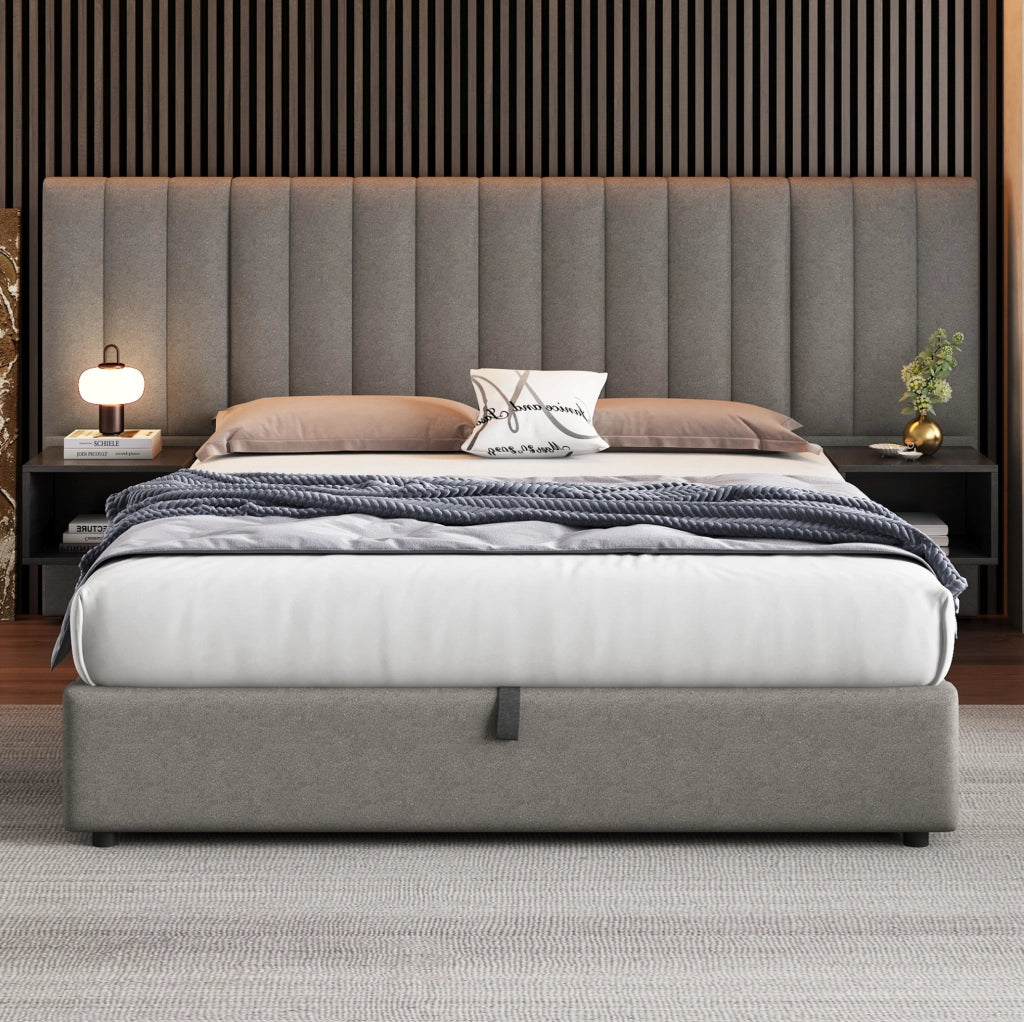 Letto contenitore 160x200 cm in lino grigio e nero con 2 comodini e rete a doghe