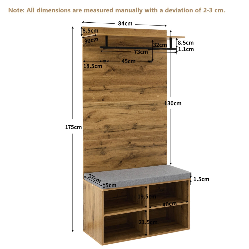 Set guardaroba da ingresso 175 cm con panca portascarpe; appendiabiti e ripiano regolabile; rovere