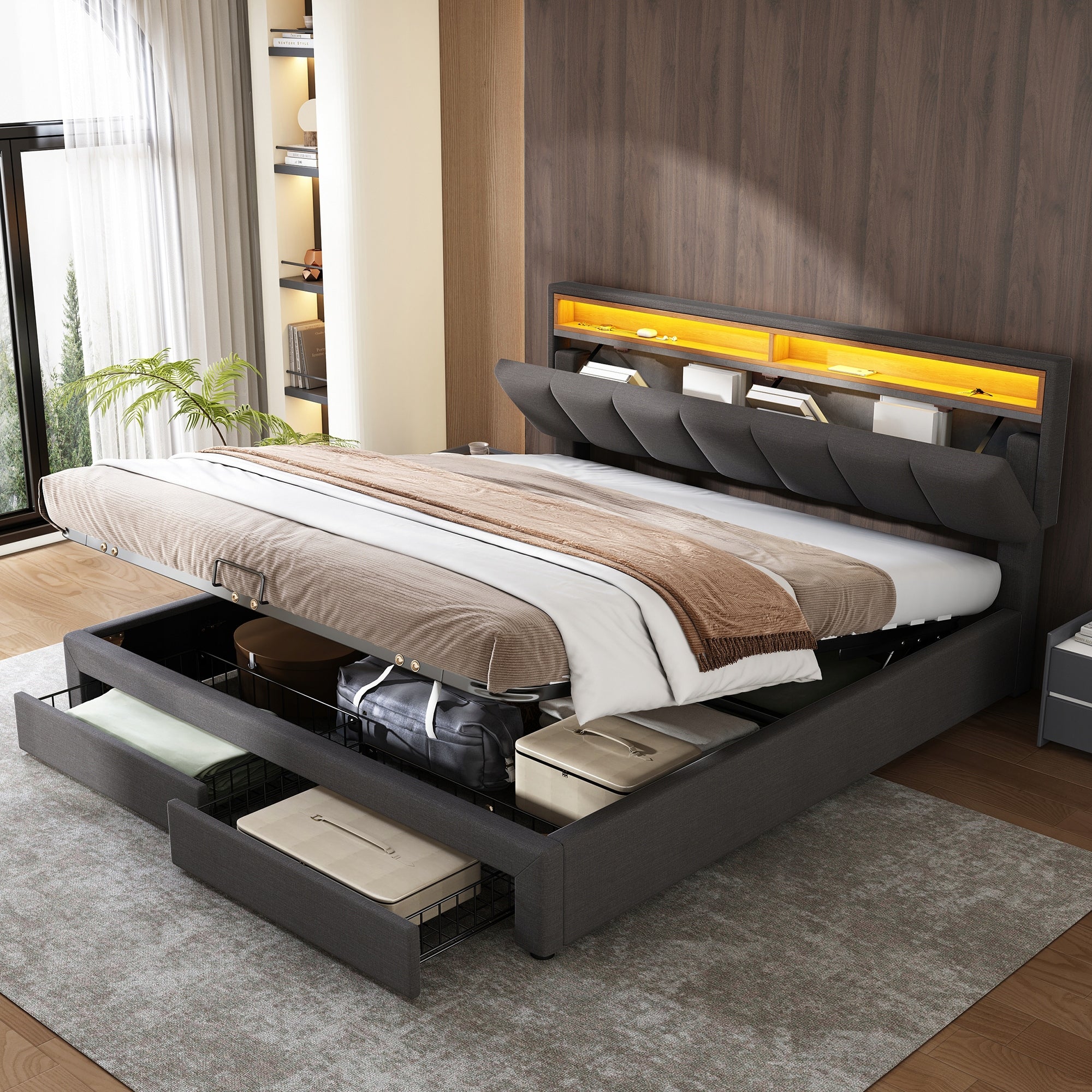 Letto matrimoniale 180x200cm - Xylo - LED, Lniane, Schowek, Szare