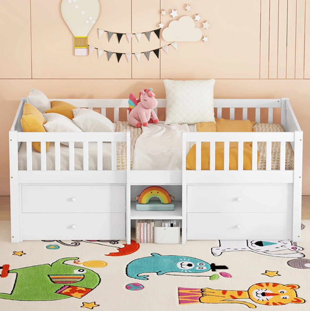 Letto a soppalco 90x200 cm con 4 cassetti; sponde di sicurezza e scala; bianco