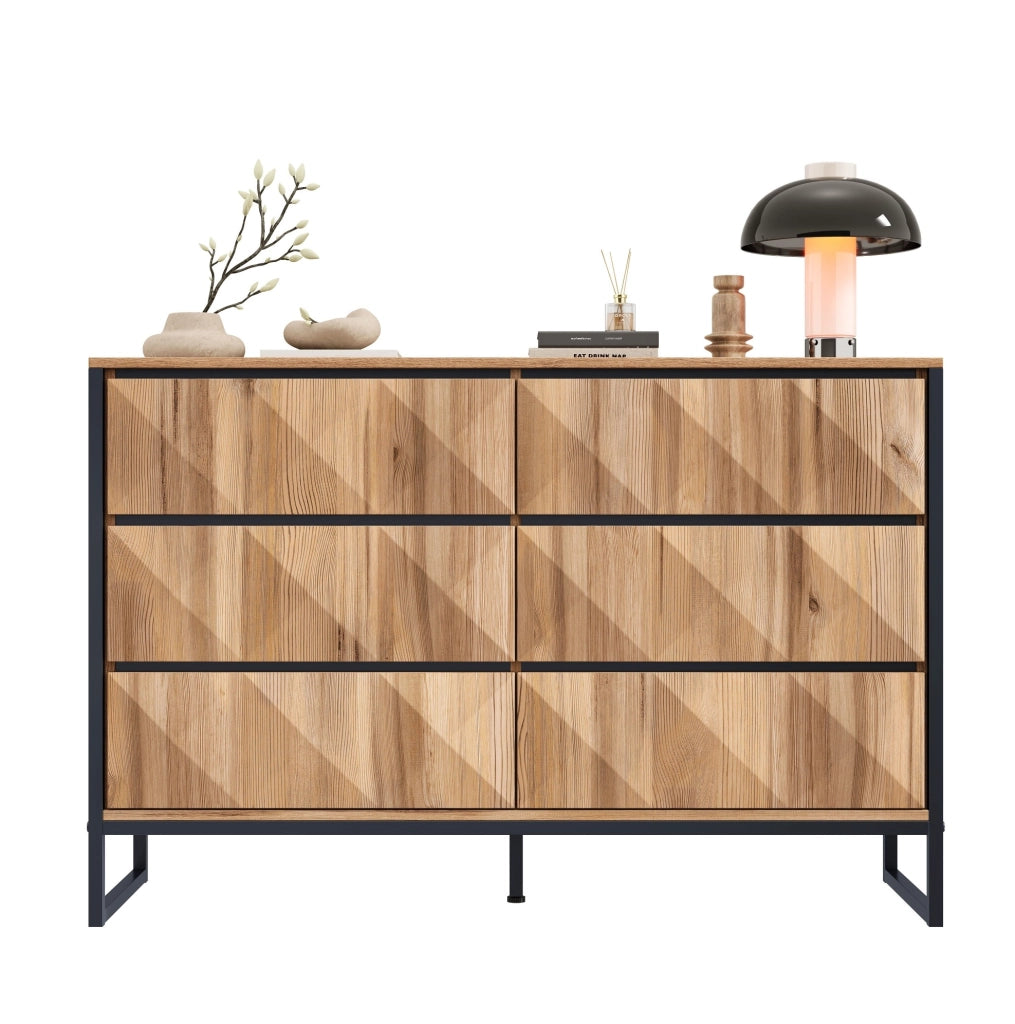 Credenza con 6 cassetti; 120 x 40 x 80 cm; pannello truciolare; nero e naturale